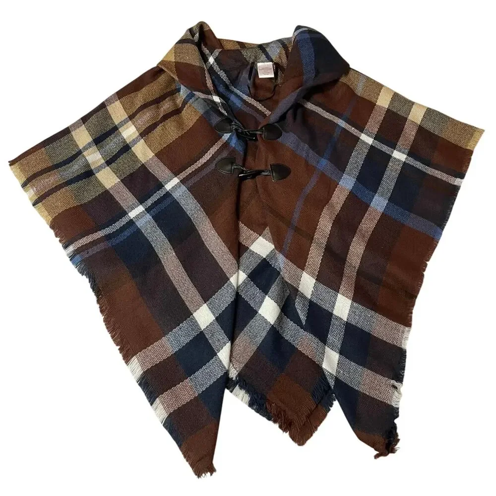 Plaid Cozy Brown & Blue Frog Loop Open Front Poncho Shawl One Size